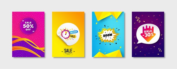 Boom sale, One hour and Sale 50% promo label set. Sticker template layout. Banner shape, Discount bubble, Discount arrow. Promotional tag set. Speech bubble banner. Boom sale flyer design. Vector