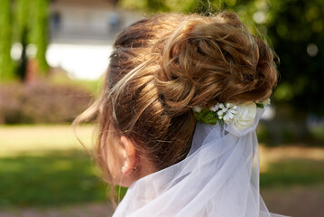 Styled bride hair, floral decorations, veil, back view.