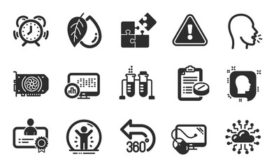Cough, Certificate and Chemistry beaker icons simple set. Report statistics, Head and Time management signs. Recovered person, Medical prescription and Computer mouse symbols. Flat icons set. Vector