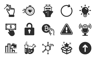Timer, Payment click and Synchronize icons simple set. Lock, Loyalty program and Swipe up signs. Decreasing graph, Touchscreen gesture and Chemistry lab symbols. Flat icons set. Vector