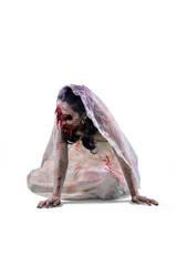 Spooky female bride crawling on studio