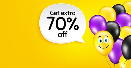 Get Extra 70% off Sale. Smile balloon vector background. Discount offer price sign. Special offer symbol. Save 70 percentages. Birthday balloon background. Extra discount speech bubble. Vector
