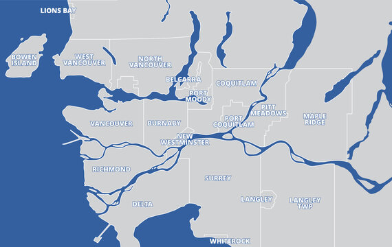 Vancouver municipalities vector map. Simplified map of Vancouver and surrounding cities in British Columbia, Canada. Dark blue ocean with grey landmass. Tourism information guide.	
