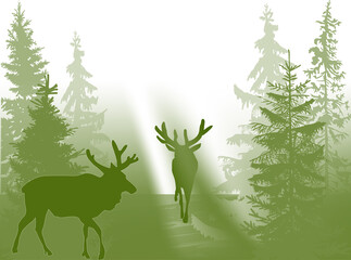 two moose silhouettes in dark green forest