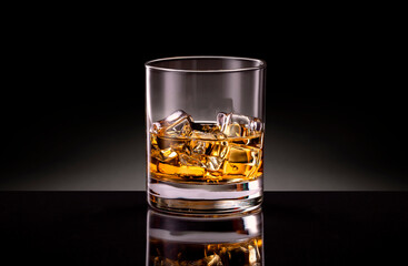 Glass of whiskey with ice cubes on black background.