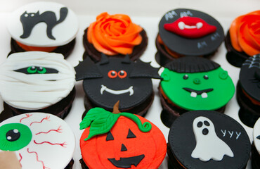 Funny Halloween sweet set treats cupcakes decorated sugar paste.