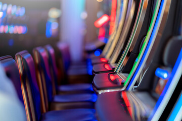 close up background of slot machine in casino club entertainment leisure concept