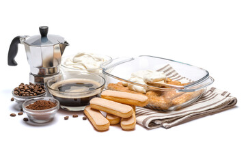 tiramisu dessert cooking - Traditional Italian Savoiardi ladyfingers Biscuits and cream in glass baking dish isolated on white with clipping path