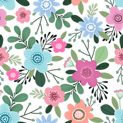 Seamless pattern with flowers. Illustration on a bright background. Design for textiles, souvenirs, fabrics, packaging and greeting cards and more.