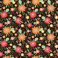 Seamless pattern with flowers. Illustration on a dark background. Design for textiles, souvenirs, fabrics, packaging and greeting cards and more.
