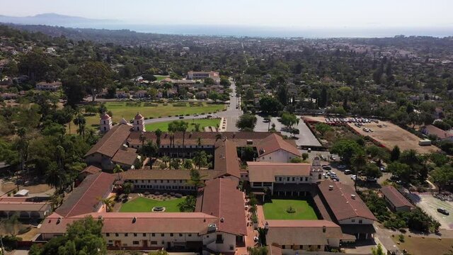 Old Mission Santa Barbara birds-eye view from drone.