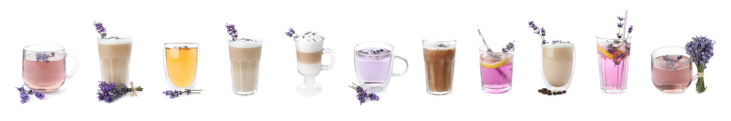 Set of different drinks with lavender on white background. Banner design