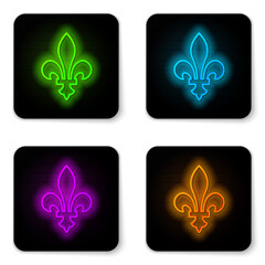 Glowing neon line Fleur De Lys icon isolated on white background. Black square button. Vector. © vector_v