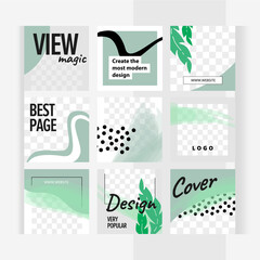 Tropical delicate green design with plant leaves. Set of square templates for design of social networks, story and print with windows for images. 
