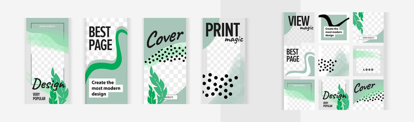 Tropical delicate green design with plant leaves. Set of vertical and square banners for design of social networks, instagram story and print with windows for images. 