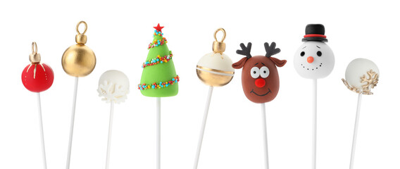 Set of Christmas themed cake pops on white background. Banner design