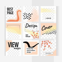 Delicate natural pink and yellow style with plant branches. Set of square templates for design of social networks, instagram story and print with windows for images.