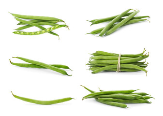 Set of fresh green beans on white background