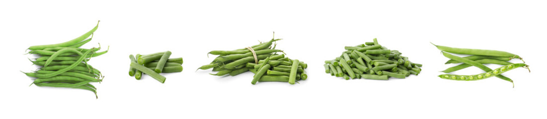 Set of fresh green beans on white background. Banner design