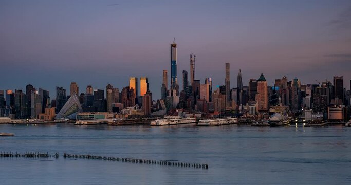 Day to Night Timelapse Sunset Over Hudson River West Midtown Manhattan Buildings
