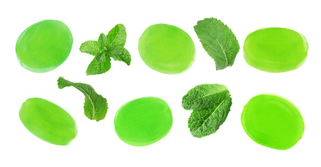 Set of mint hard candies and green leaves on white background. Banner design