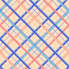 Vector seamless pattern with diagonal cross lines, stripes, square grid, lattice. Simple tartan plaid texture. Stylish abstract colorful background. Pink, blue, peach, yellow color. Repeat design