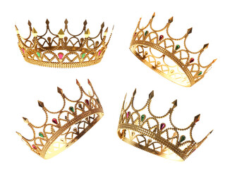 Beautiful crown with gemstones on white background, views from different sides © New Africa