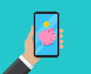 Pixel art, vector illustration of hand holding mobile with piggy bank app on screen