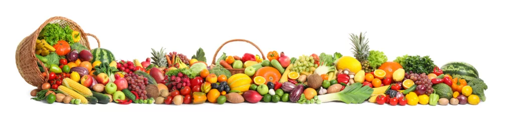 Wall murals Fresh vegetables Collection of fresh organic vegetables and fruits on white background. Banner design