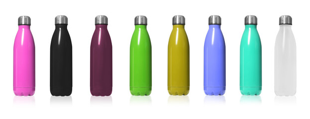 Set of modern thermos bottles in different colors on white background. Banner design