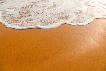 Foam of the ocean surf wave covering wet beach sand with sun glowing.
