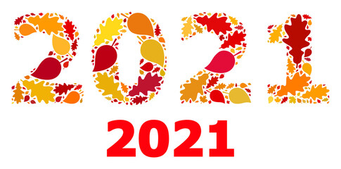 2021 Year Digits mosaic icon organized for fall season. Vector 2021 year digits mosaic is organized with scattered autumn maple and oak leaves. Mosaic autumn leaves in bright gold,