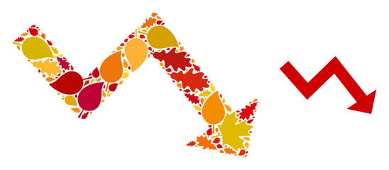 Recession Arrow mosaic icon created for fall season. Vector recession arrow mosaic is made from random autumn maple and oak leaves. Mosaic autumn leaves in bright gold, brown and red colors.