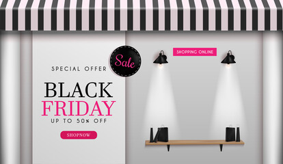 Black Friday Sale of posters or flyers design.and Shop front.and shelves for laying things. and use it as a festival background or online shopping invitation.
