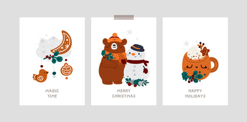 Happy new year or Merry Christmas poster, room decoration. Festive xmas greeting cards with cute cartoon characters. Baby Christmas Holiday milestone cards with cute bear, winter decoration