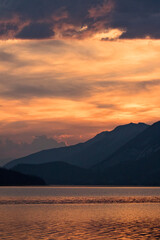 Medicine lake near Jasper Canada. Scenic and iconic locations in the beautiful Alberta. Must see destination. Sunset over this seasonal lake