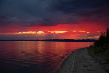 Beautiful sunset on St-Lawrence river in Quebec in Canada