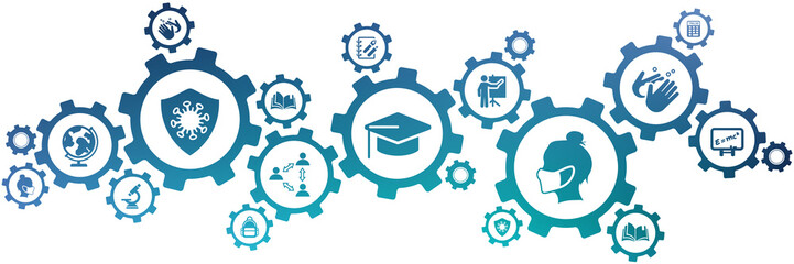 school education during corona virus pandemic vector illustration. Concept with connected icons related to higher education, covid rules, protecting students, learning & studying in secondary school. - obrazy, fototapety, plakaty