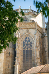 Close-up on the stained glass of a cathedral and the architecture of the monument