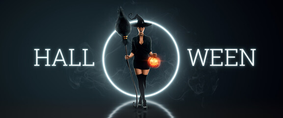 Creative halloween flyer. Girl witch with a broom in her hands and a witch hat. Halloween concept, poster, copy space, Mixed media.