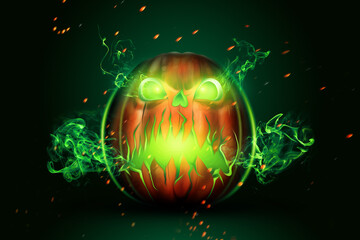 Creative halloween background evil pumpkin on dark background. Halloween Flyer Concept, Poster, Copy Space, Mixed Media. 3D illustration, 3D render