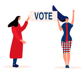 Elections day in USA or other country.Two young women are voting and polling.Patriotism, civic duty. Vector illustration with ballots.President is choosing by people,democracy.Flat style concept