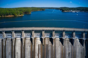 Aerial view of an abandoned Hydro electric Dam River Etowah river in Georgia, USA