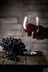 Red wine glass in a men hand and ripe grapes on wooden background