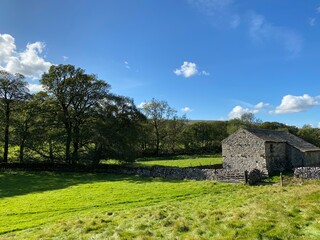 Obraz premium Old farm building, in a large field, with dry stone walls, old trees, and a blue sky near, Litton, Skipton, UK