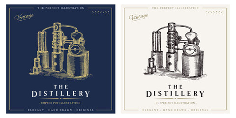 Distillery whiskey vintage logo alcohol distillation process illustration - obrazy, fototapety, plakaty