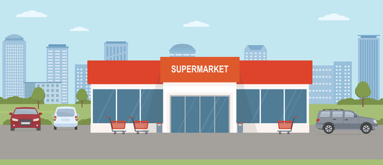 Supermarket building with parking lot. Urban landscape. Flat style, vector illustration.