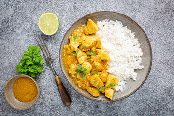 Spicy chicken cooked with curry sauce and rice, top view - obrazy, fototapety, plakaty