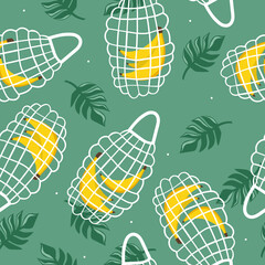 Bananas, palm leaves, background. Hand drawn overlapping backdrop. Colorful wallpaper vector. Seamless pattern with fruits. Decorative illustration, good for printing