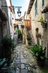 narrow street in the town of Zuccarello, Savona, Italy